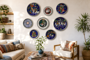 چیدمان دیوارکوب سرامیکی دستساز طرح عاشقانه مینیاتور ایرانی قطر 30 سانتیمتر در فضایی خاص