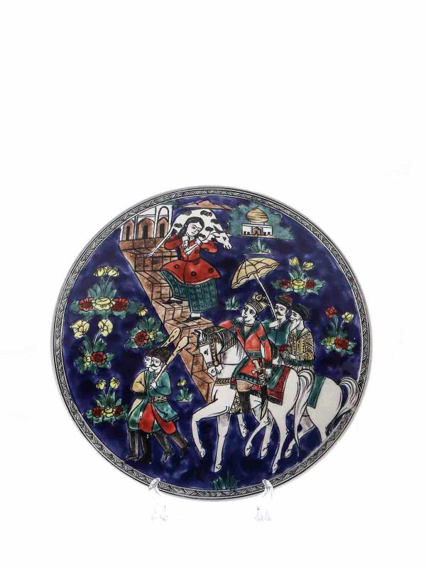 دیوارکوب سرامیکی دست‌ساز طرح عاشقانه مینیاتور ایرانی قطر 30 سانتی‌متر کد 40514
